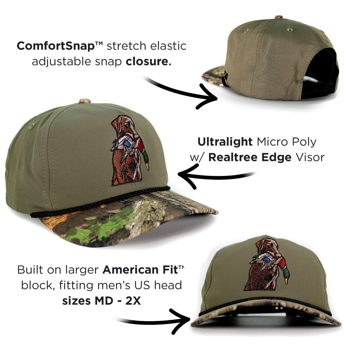 Chocolate Lab Duck Dog 5-Panel Trucker Hat | Old School Camo - Clear Water Trading Co.
