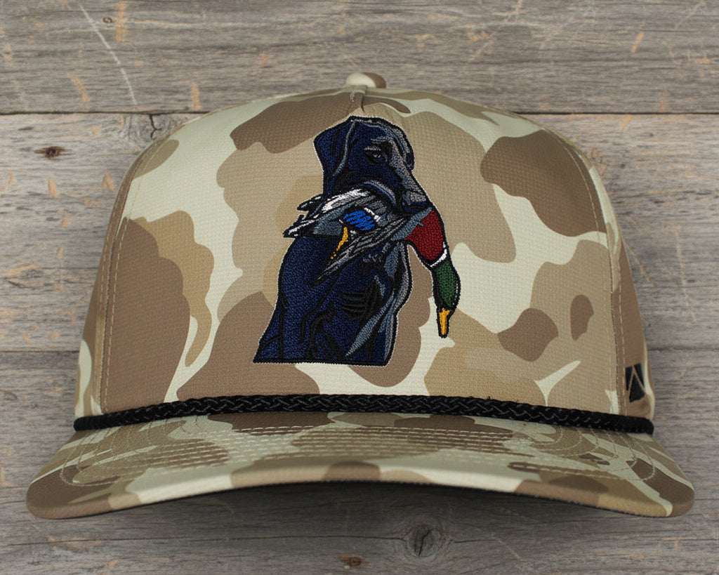 Black Lab Duck Dog 5-Panel Trucker Hat | Old School Camo - Clear Water Trading Co.