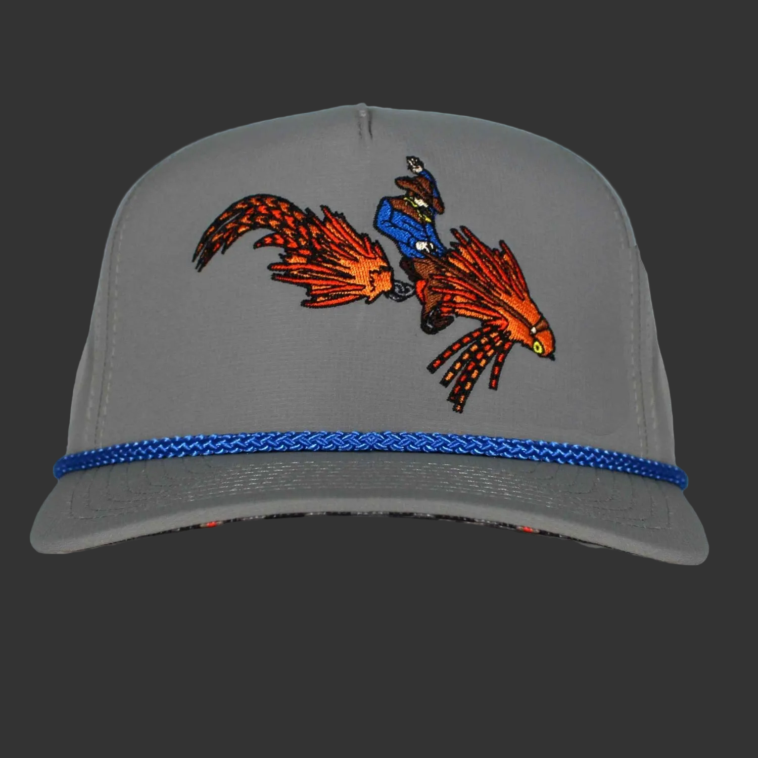 Rodeo Fly Snapback Hat | Cowboy Riding a Fly Fishing Fly Embroidery on Slate Gray Crown with Blue Rope — Clear Water Trading Co.