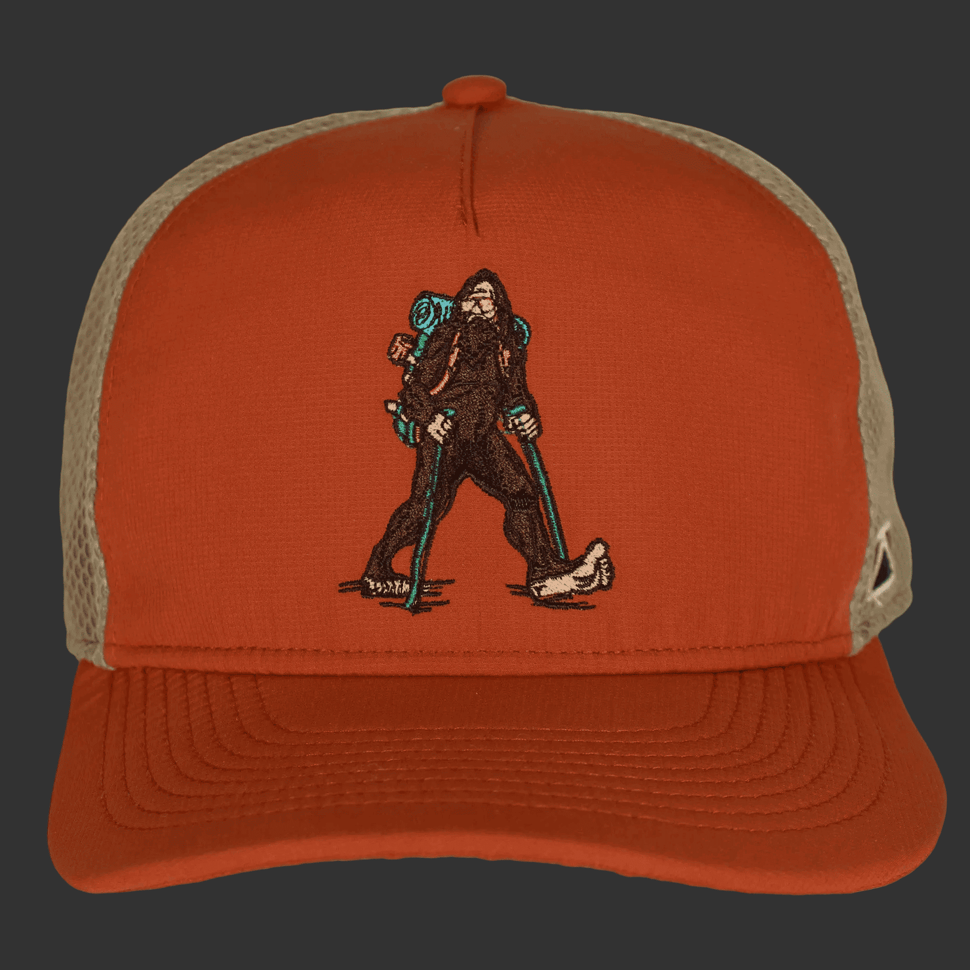 Orange cap with a Sasquatch graphic on a white background