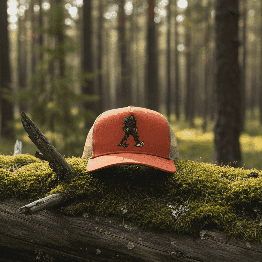 Orange cap with a Sasquatch graphic on a white background