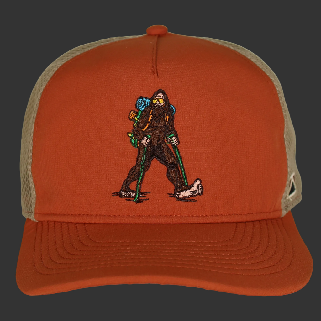 Orange cap with a Sasquatch graphic on a white background