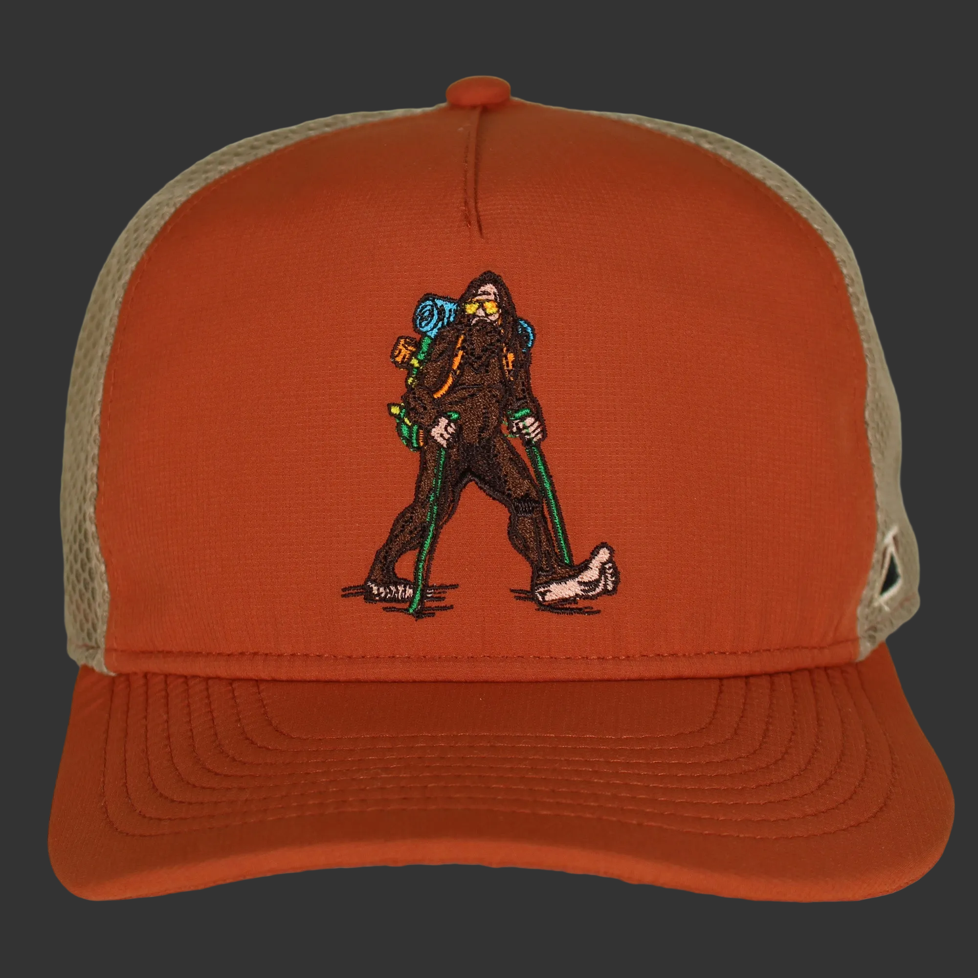 Orange cap with a Sasquatch graphic on a white background