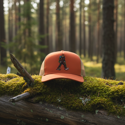 Orange cap with a Sasquatch graphic on a white background