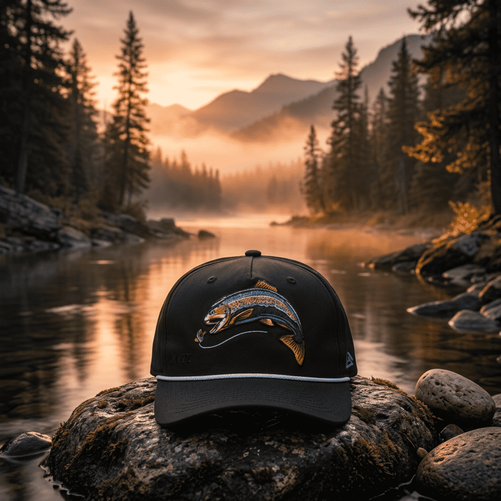 A black baseball cap featuring a detailed embroidered trout jumping from the water on the front panel, with a white stripe along the brim and a small blue New Era flag logo on the side.
