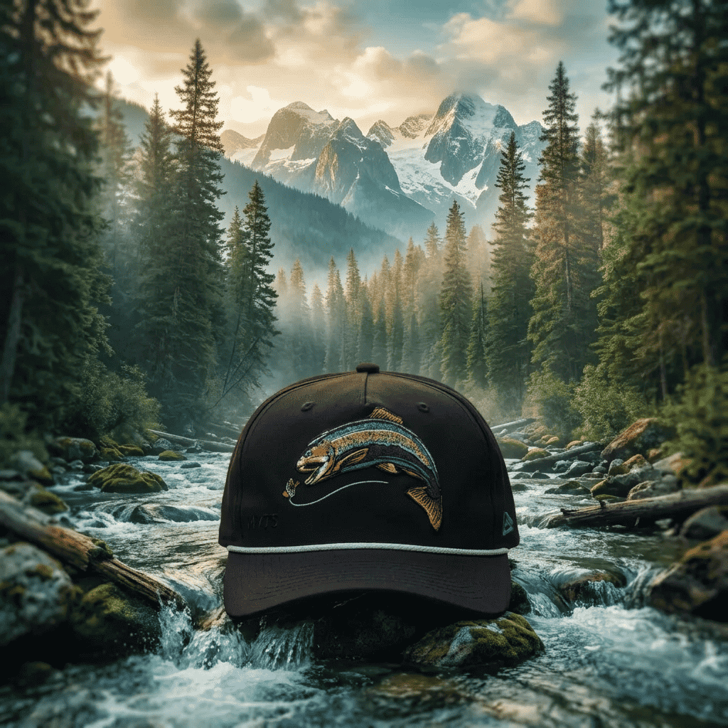 A black baseball cap featuring a colorful embroidered trout design on the front and a white piping accent along the edge of the brim, set against a solid dark gray background.