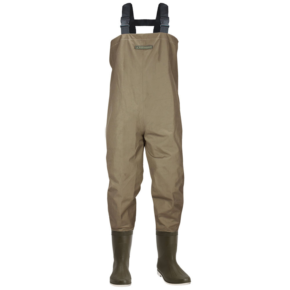 Brown waders with green boots on a white background