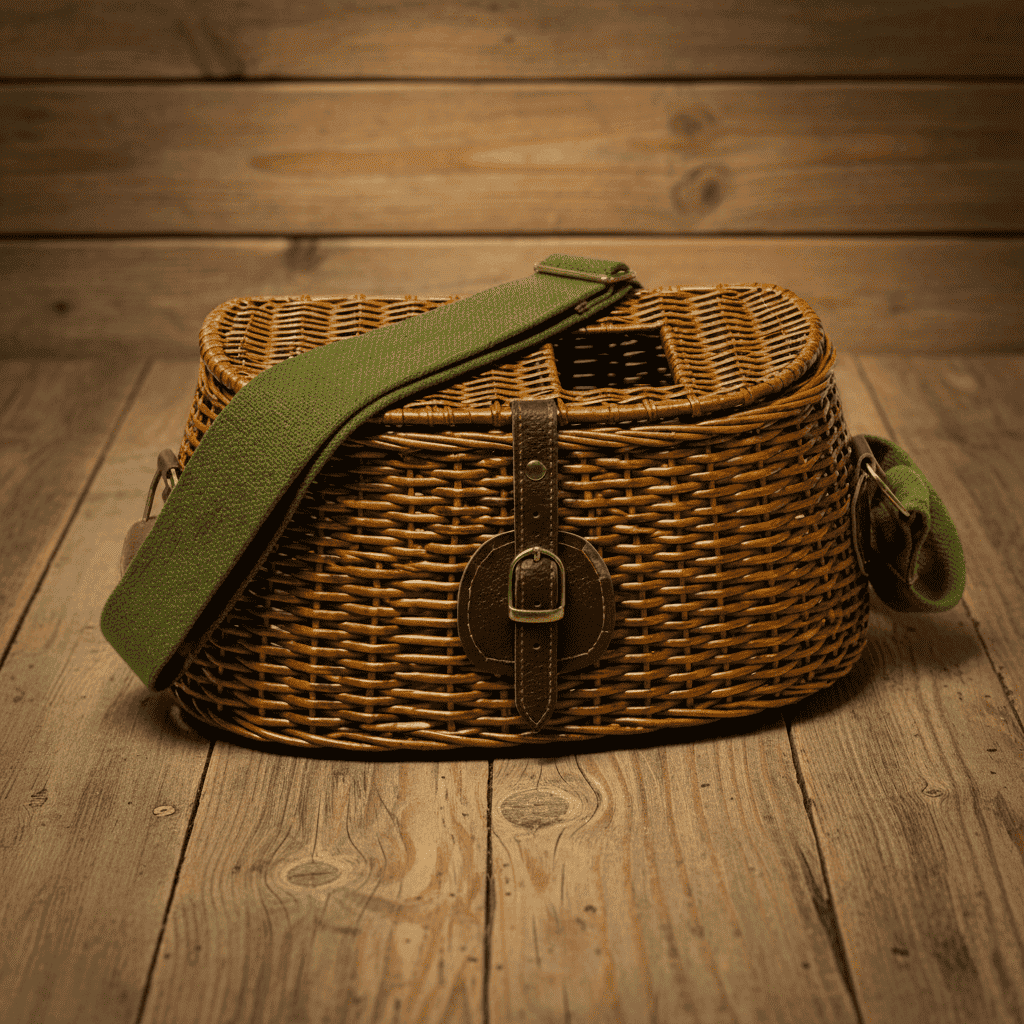 A vintage wicker picnic basket bag with an olive green canvas shoulder strap, brown leather strap detail, and a small green fabric tag, shown against a solid gray background.
