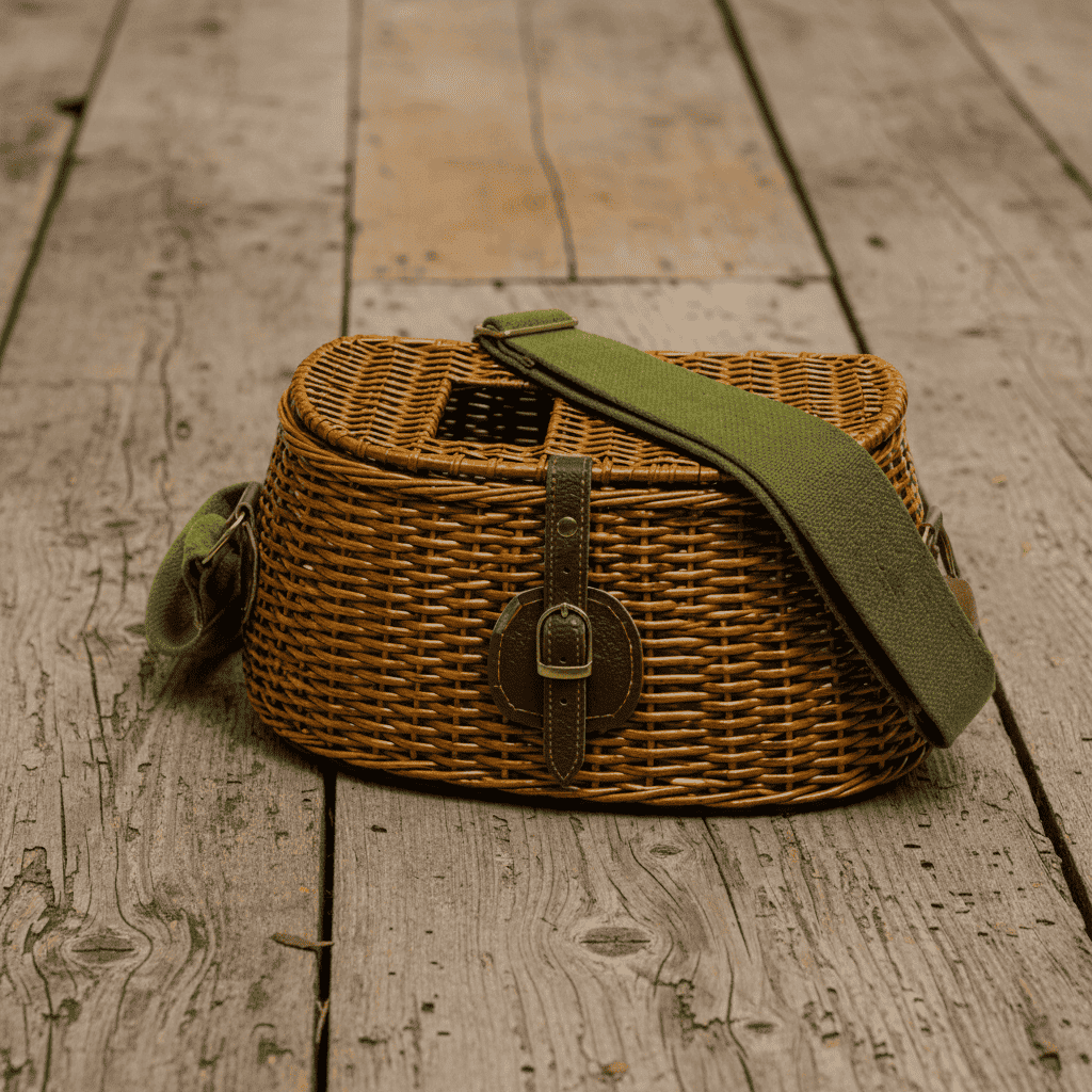 A woven wicker shoulder bag with an olive green fabric strap and a brown leather buckle closure, resting on a rustic wooden plank floor.