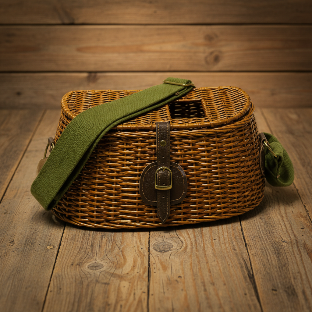 A vintage wicker picnic basket bag with an olive green canvas shoulder strap, brown leather strap detail, and a small green fabric tag, shown against a solid gray background.