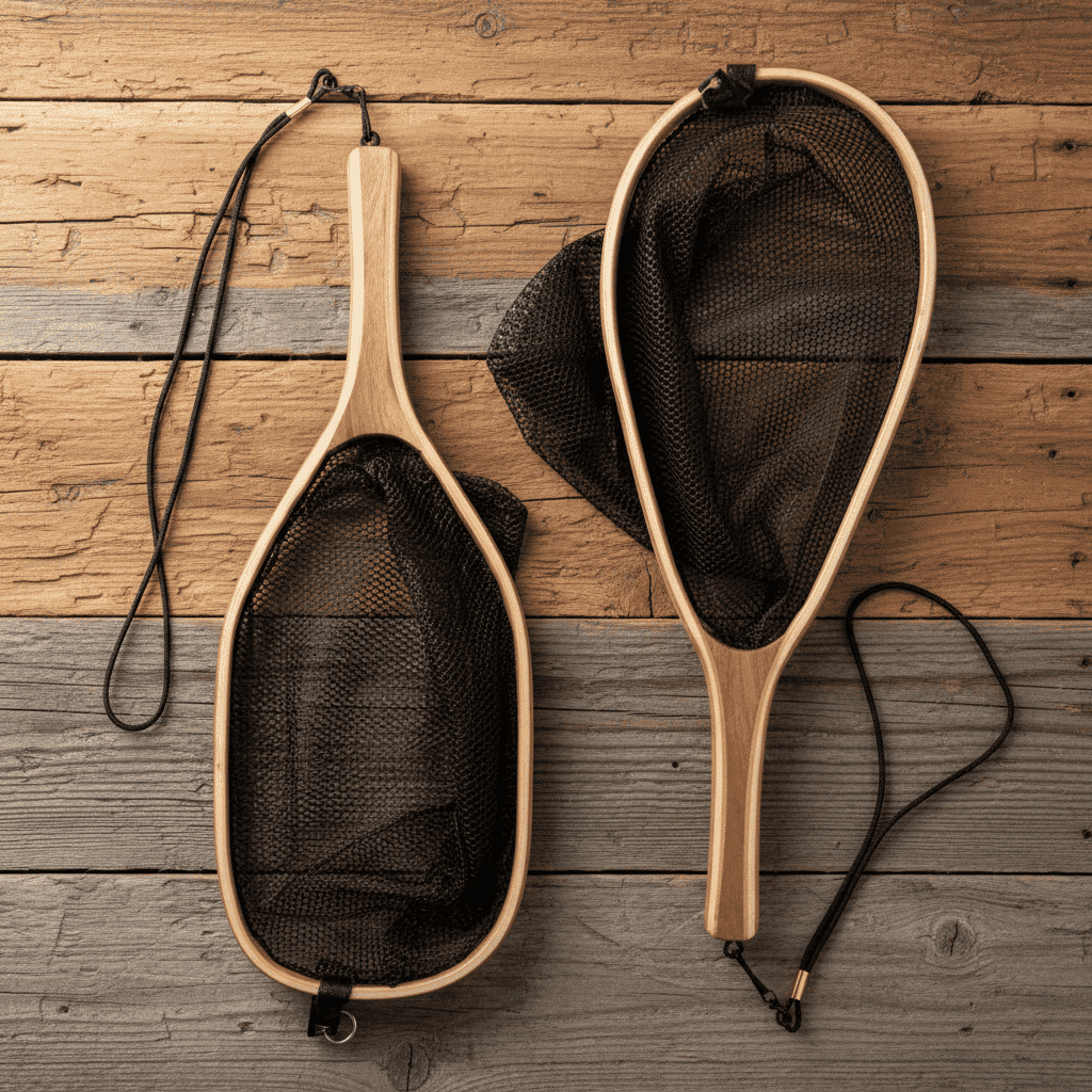 Two wooden fishing nets with black mesh on a wooden surface
