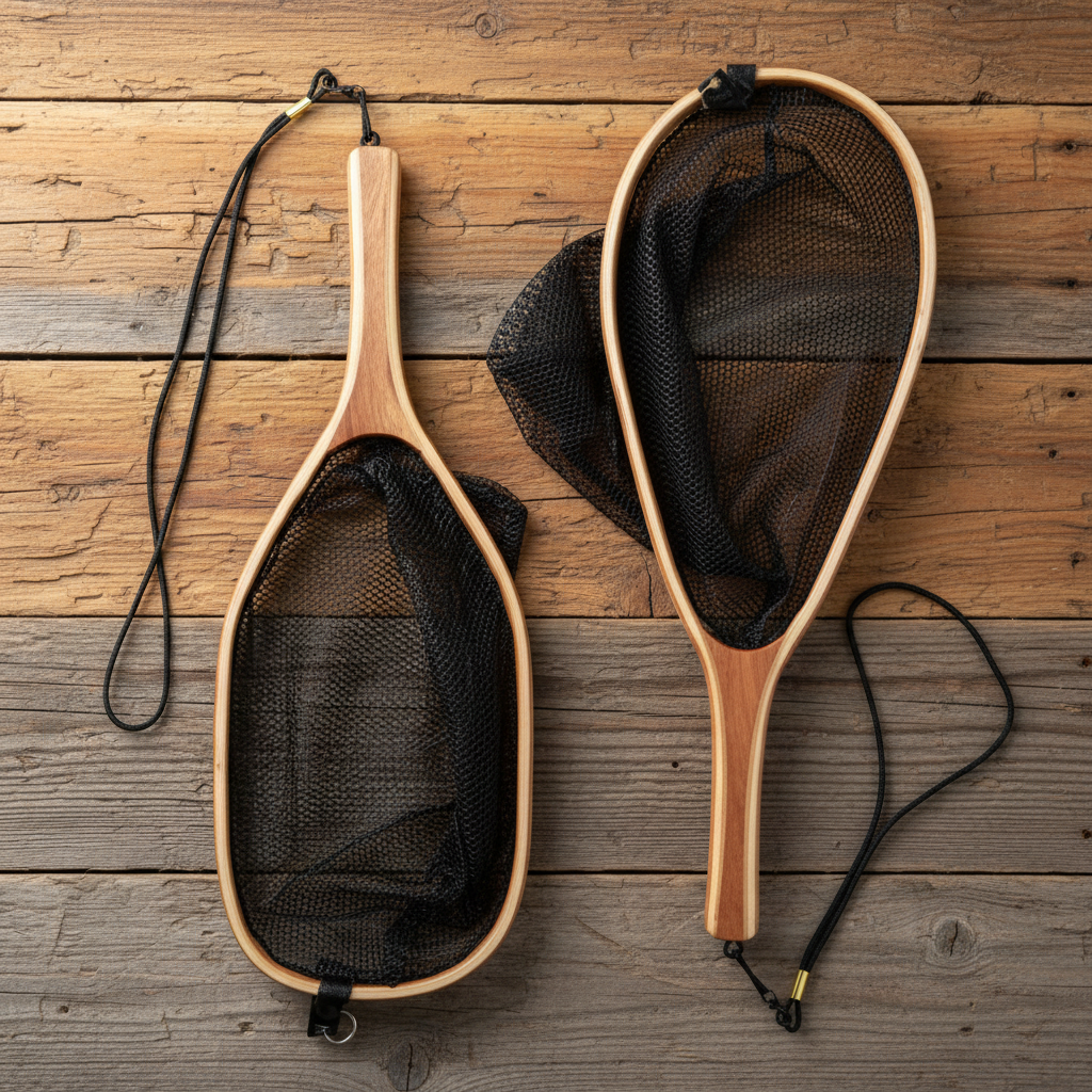 Two wooden fishing nets with black mesh on a wooden surface