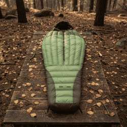 A green and dark gray puffer sleeping bag laid flat on a weathered wooden board in a forest setting with trees and fallen leaves visible.