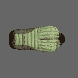 A mummy-style sleeping bag shown from above on a solid gray background. The sleeping bag has a light sage green body with darker brown side panels and a dark brown faux-fur lined hood.