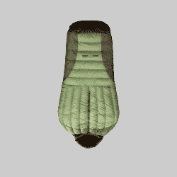 A mummy-style sleeping bag shown from above on a solid gray background. The sleeping bag features a sage green body with dark brown shoulder panels and a dark brown hood lining.