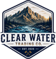 A stylized hexagonal logo or badge featuring a mountain landscape with a river, trees, and the text 'CLEAR WATER TRADING CO.' and 'EST.