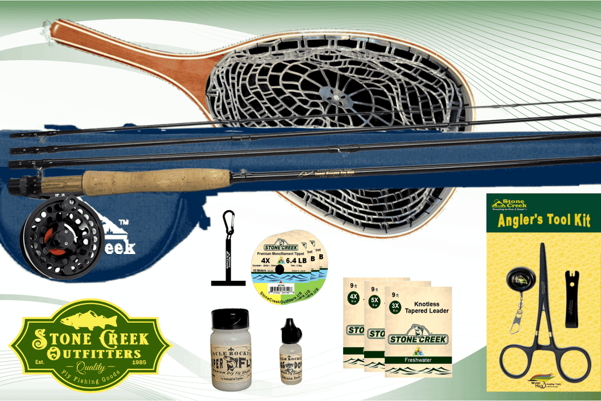 Collection of fly fishing gear including a rod, reel, and accessories with Stone Creek Outfitters branding.