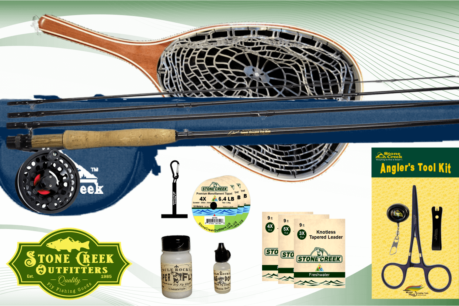 Collection of fly fishing gear including a rod, reel, and accessories with Stone Creek Outfitters branding.