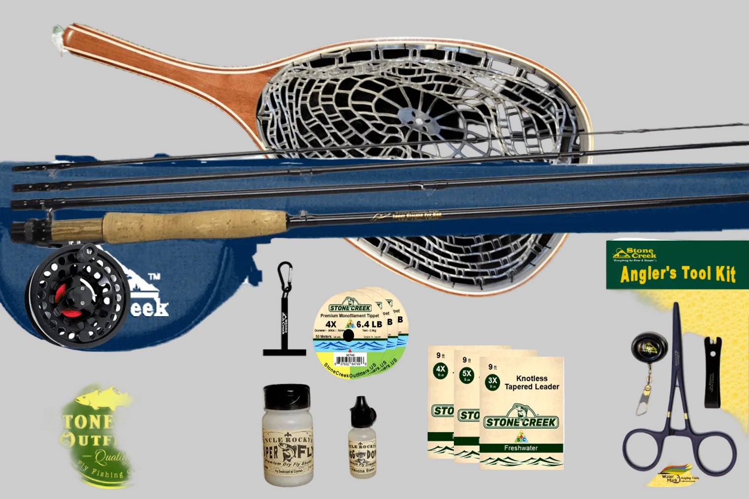 Collection of fly fishing gear including a rod, reel, and accessories with Stone Creek Outfitters branding.