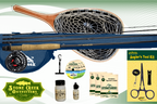 Collection of fly fishing gear including a rod, reel, and accessories with Stone Creek Outfitters branding.