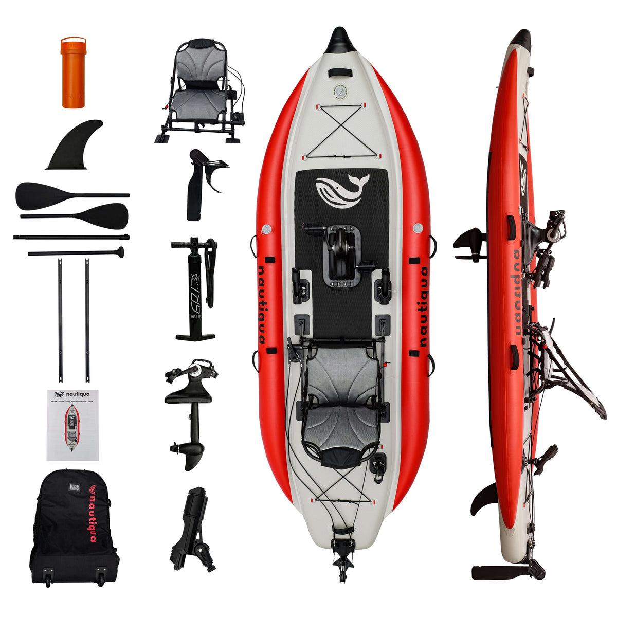 Red and white inflatable kayak with accessories on a white background