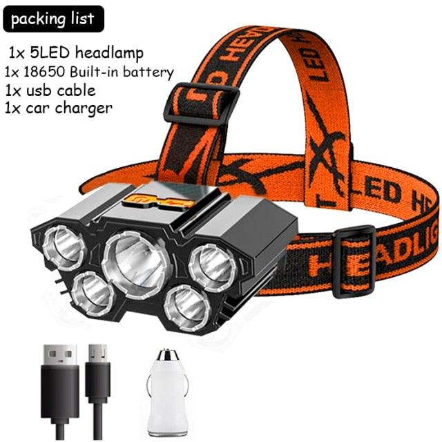 Clear Water Trading Co. — USB‑Rechargeable 5‑LED Waterproof Headlamp (Ultra‑Bright Outdoor Torch) - Clear Water Trading Co.