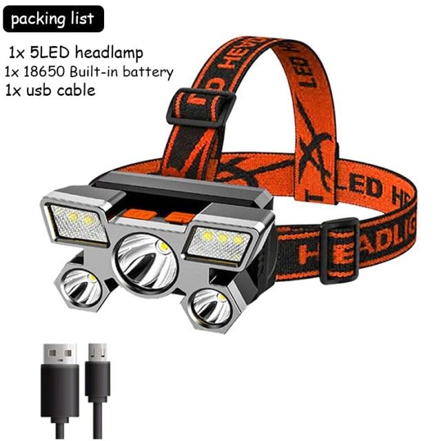 Clear Water Trading Co. — USB‑Rechargeable 5‑LED Waterproof Headlamp (Ultra‑Bright Outdoor Torch)