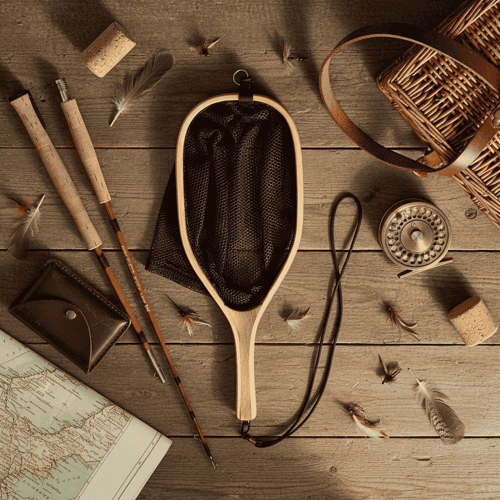 A fly-fishing setup arranged on a rustic wooden tabletop, centered around a wooden-framed fly rod with a black mesh bag. Additional props include two additional fishing rods, a brown leather case, a wicker basket, cork stoppers, feathers, a brass compass, and a map.