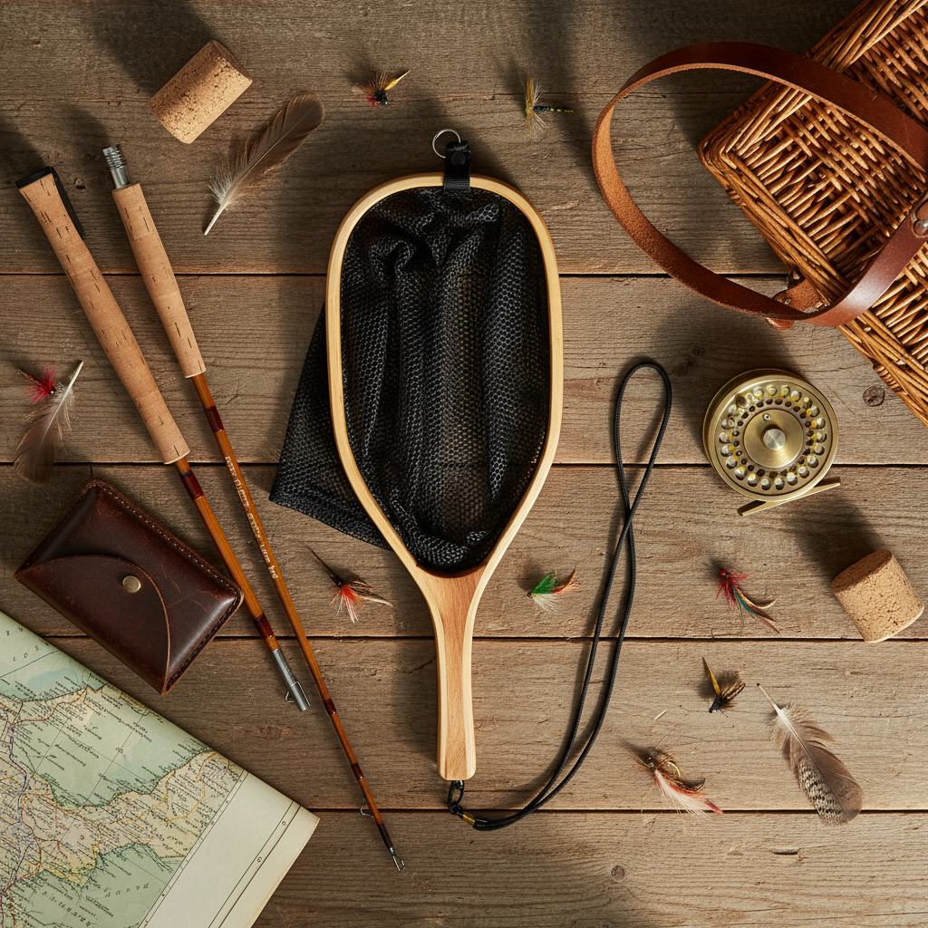 A fly-fishing setup arranged on a rustic wooden tabletop, centered around a wooden-framed fly rod with a black mesh bag. Additional props include two additional fishing rods, a brown leather case, a wicker basket, cork stoppers, feathers, a brass compass, and a map.