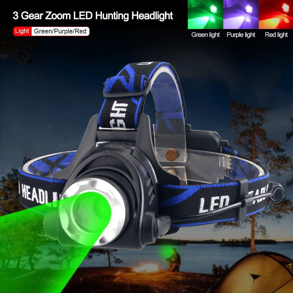Clear Water Trading Co. — USB‑Rechargeable Multi‑Color Waterproof Headlamp (Green/Red/UV 395nm)