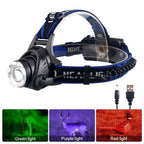 Clear Water Trading Co. — USB‑Rechargeable Multi‑Color Waterproof Headlamp (Green/Red/UV 395nm)