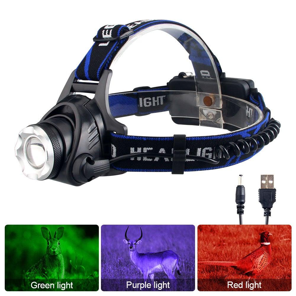 Clear Water Trading Co. — USB‑Rechargeable Multi‑Color Waterproof Headlamp (Green/Red/UV 395nm)