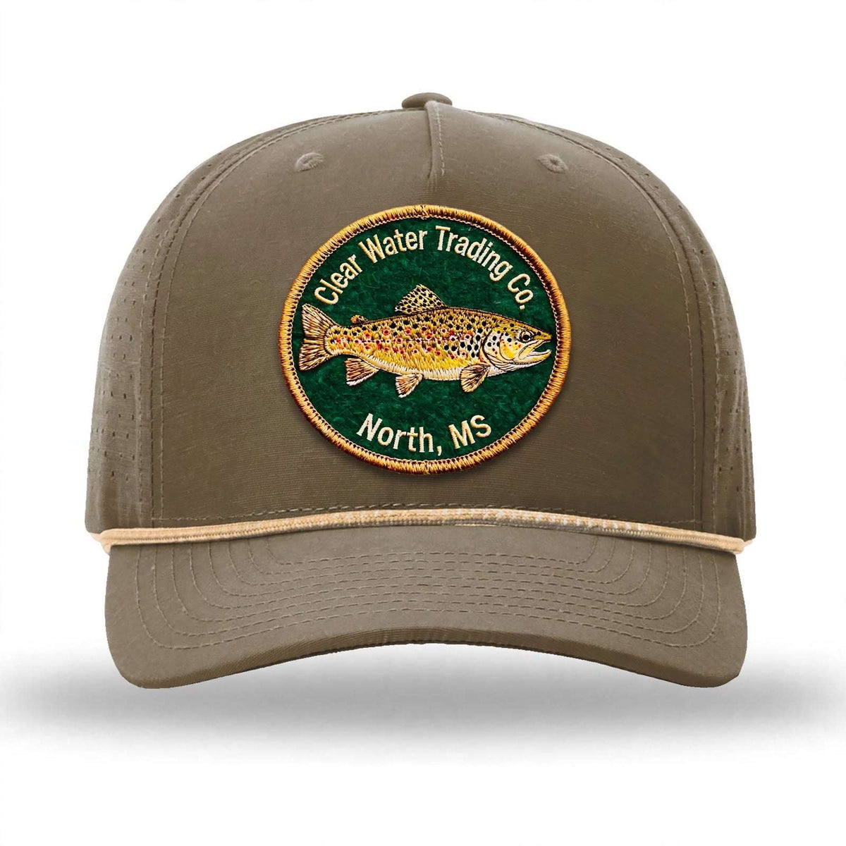 An olive green baseball cap featuring a circular embroidered patch on the front with a trout illustration and the text 'Dear Water Trading Co' and 'North, MS'.
