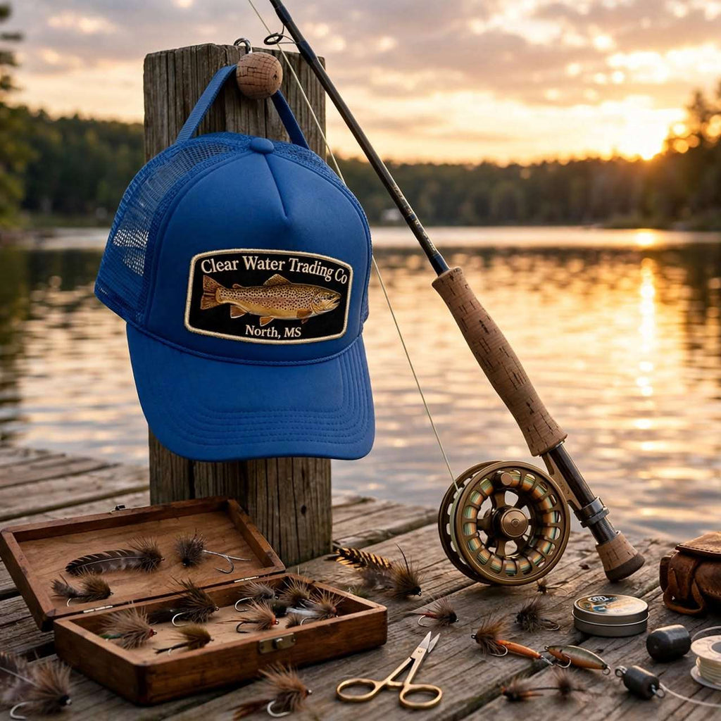 A blue trucker hat with a 'Clear Water Trading Co' embroidered patch is displayed on a wooden dock next to a fly fishing rod, tackle box, and other fishing gear, with a lake and sunset in the background.