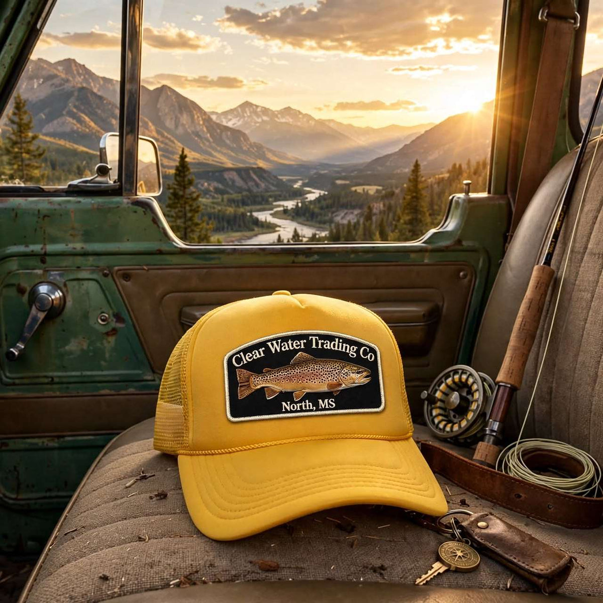 A yellow trucker hat with a 'Clear Water Trading Co. North, MS' fishing logo sits on the front seat of a vintage green pickup truck, alongside a fly fishing rod, reel, keys, and a leather wallet, with a mountain river valley at sunset visible through the window.