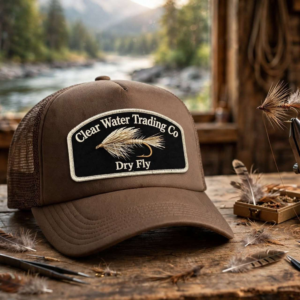 A brown trucker hat with a 'Clear Water Trading Co Dry Fly' embroidered patch, displayed on a rustic wooden table surrounded by fly-fishing tools and feathers, with a blurred river and forest background.
