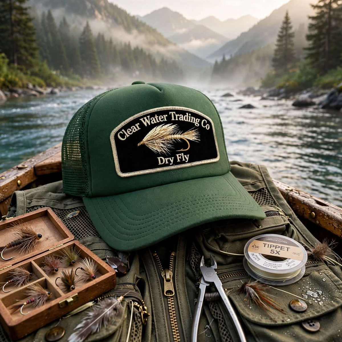 A green trucker cap with a 'Clear Water Trading Co Dry Fly' patch sits on top of an olive green fly-fishing vest inside a boat. The scene is set against a misty mountain river backdrop, with a wooden fly box, feathers, and a spool of Tinsley's fly thread arranged around it.