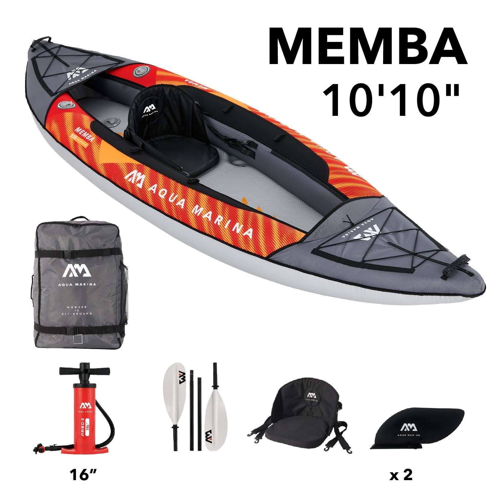 Inflatable kayak set with accessories on a white background, featuring 'MEMBA' and 'Aqua Marina' branding.
