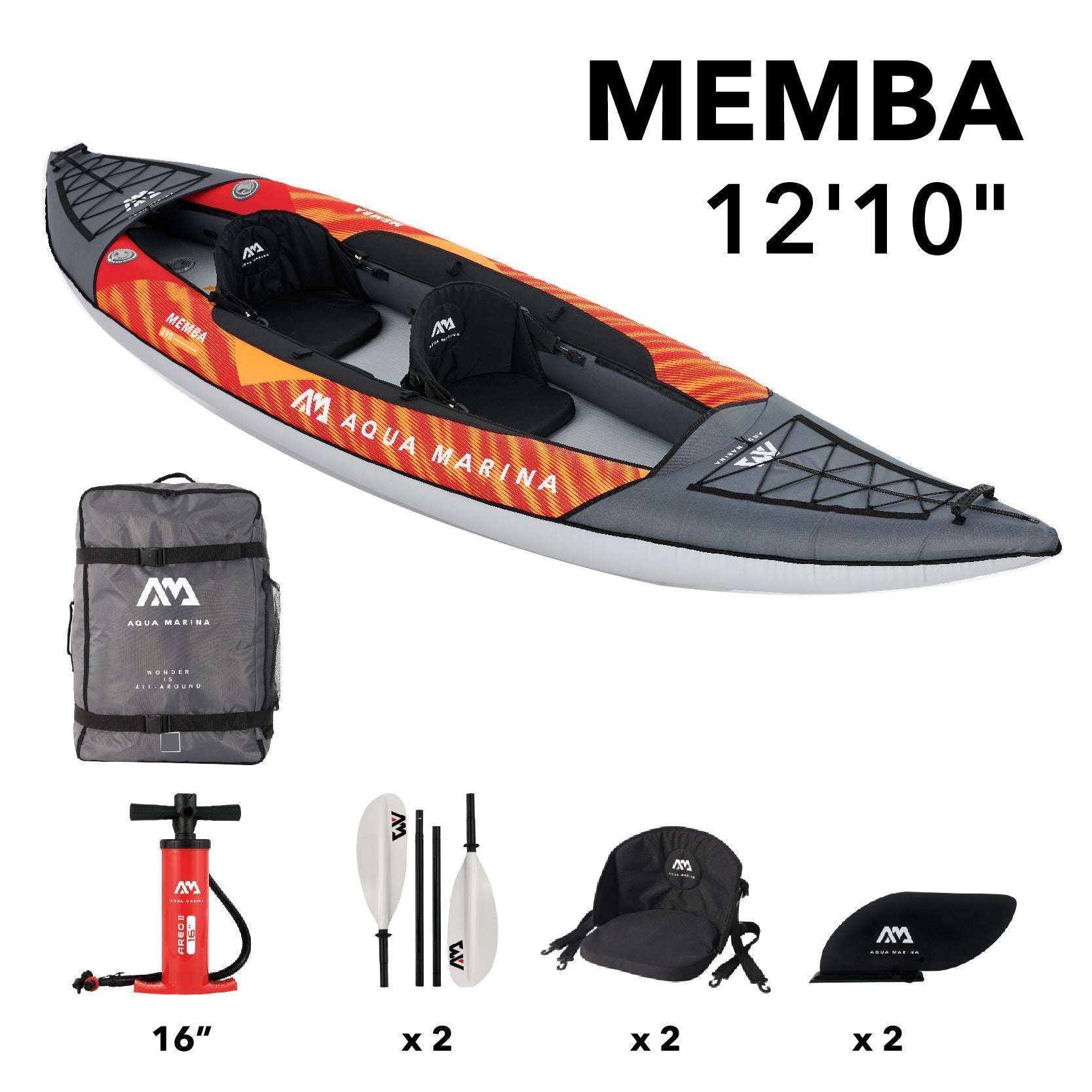 Aqua Marina inflatable kayak with accessories on a white background, featuring the brand 'MEMBA'.