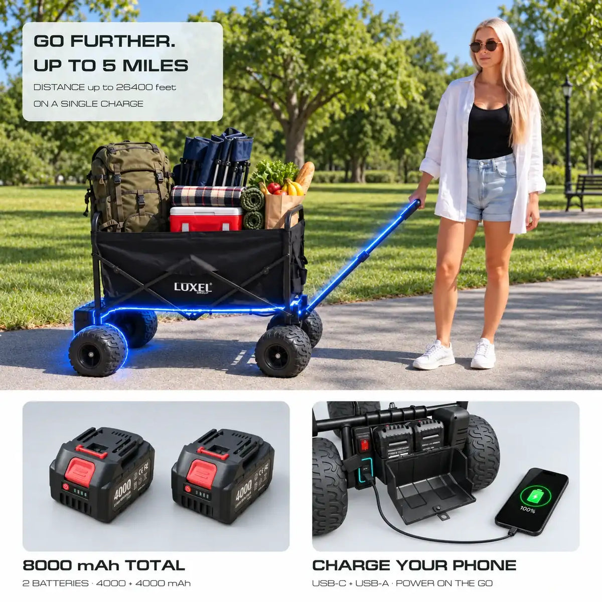 Electric Folding Wagon 500W – Motorized Utility Cart with All-Terrain Wheels Black