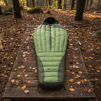 Green and gray sleeping bag with a smaller packed version on a white background