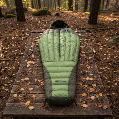 Green and gray sleeping bag with a smaller packed version on a white background