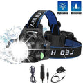 Headlamp with blue strap, high lumen and waterproof indicators, USB cable, charger, and adapter on a white background.