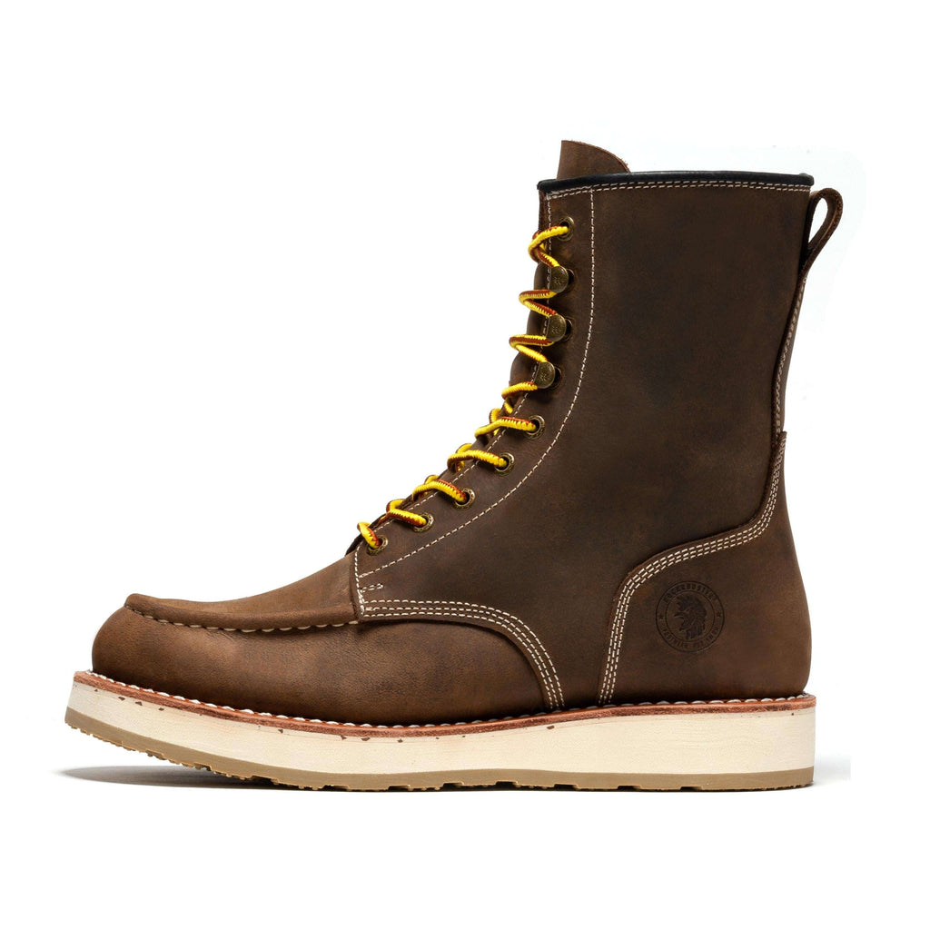 Men's 8" Wedge Sole Work Boots – ROCKROOSTER Mantua Soft Toe, Dark Brown Leather