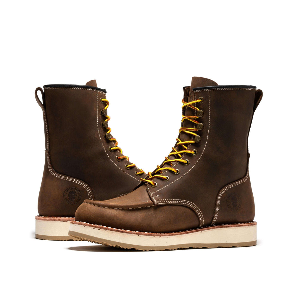 Men's 8" Wedge Sole Work Boots – ROCKROOSTER Mantua Soft Toe, Dark Brown Leather