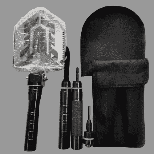 A multi-tool survival kit laid out on a light gray background, including a black handled shovel with a clear plastic-wrapped metal blade, two black cylindrical tools with screwdriver bits, and a black fabric pouch.
