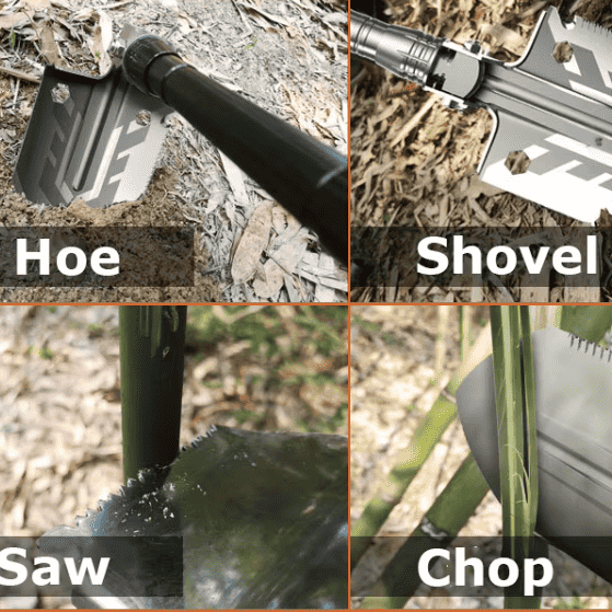 A 2x2 collage showing a tactical folding shovel in use outdoors: top-left labeled 'Hoe' with the tool digging into mulch, top-right labeled 'Shovel' with it in dirt, bottom-left labeled 'Saw' with a blade section used as a saw, and bottom-right labeled 'Chop' with a blade section used to cut bamboo.