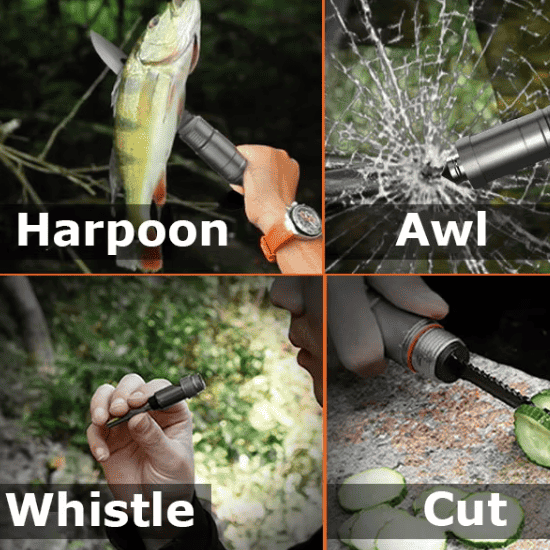 A 2x2 collage showing a black metal multi-tool survival tool in use: a harpoon tip holding a fish, an awl tip striking a cracked glass window, a whistle blowing, and a cutting blade slicing a cucumber.